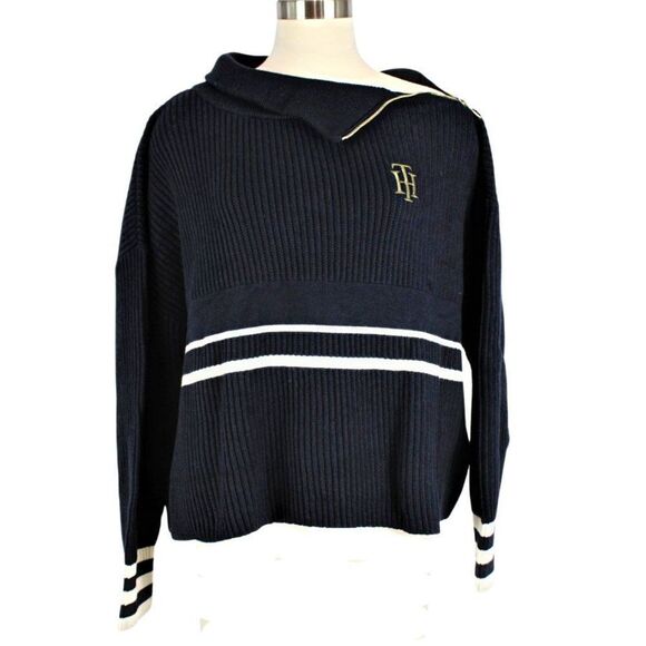 Tommy Hilfiger Sweater Ribbed Knit Shoulder Zip Varsity Turtleneck Blue Sz 2XL - Picture 4 of 10